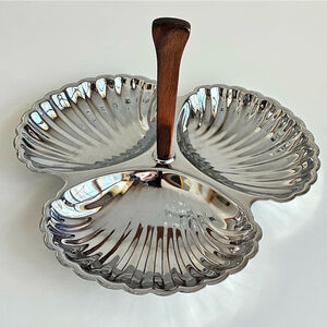Vintage Hellerware 3 Section Shell Design Chrome Serving Tray w/ Wood Handle